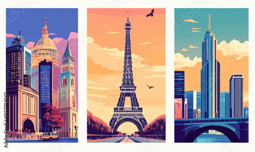 Retro Travel Posters of Paris, New York, Tokyo in Minimalist Vintage Style for Vacation Inspiration