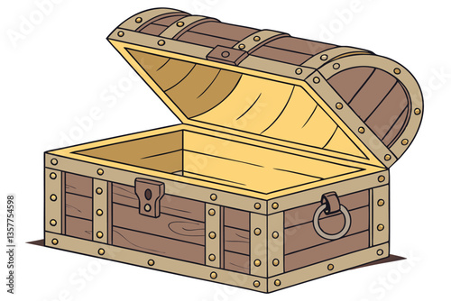 7 Vintage wooden treasure chest, open lid, glowing golden interior, rustic wood grain texture, metal clasps and hinges, antique trunk, warm amber light, empty chest, mysterious ambiance, weathered lea