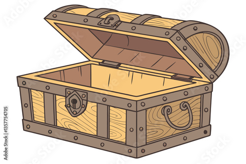 7 Vintage wooden treasure chest, open lid, glowing golden interior, rustic wood grain texture, metal clasps and hinges, antique trunk, warm amber light, empty chest, mysterious ambiance, weathered lea