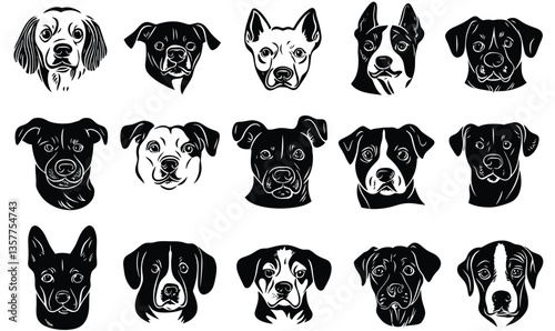 Diverse Dog Breed Heads Illustration in Hand Drawn Black Doodle Style Vector Art