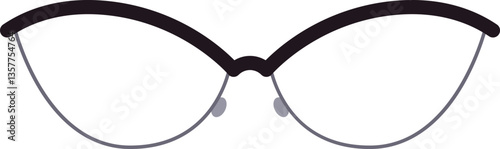 Cat eye glasses with thin metal frame and thick black rims giving a vintage look, close up view of eyewear for vision correction or fashion accessory