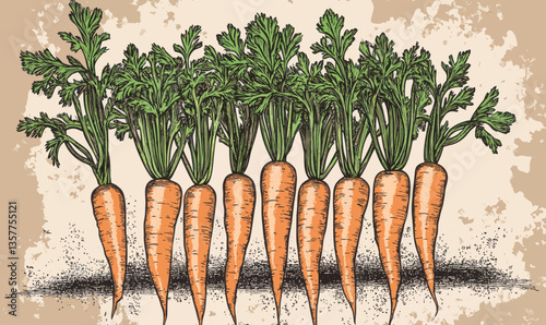 Hand Drawn Carrots with Tops Engraving Style Minimalist Vector Illustration