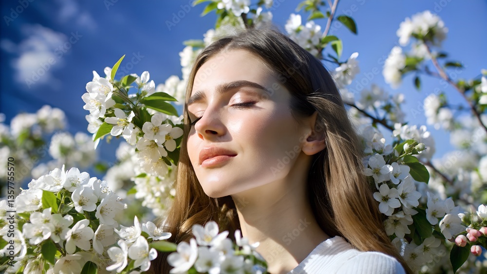 Serene portrait of a woman surrounded by white flowers with sunlight casting gentle shadows on her face
Serene portrait of a woman surrounded by white flowers with sunlight casting gentle shadows on her face