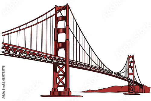 8 Golden Gate Bridge, San Francisco, iconic landmark, architectural marvel, suspension bridge, red steel structure, towering towers, long cables, engineering feat, bay crossing, detailed illustration,
