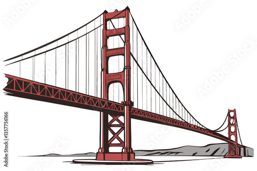 8 Golden Gate Bridge, San Francisco, iconic landmark, architectural marvel, suspension bridge, red steel structure, towering towers, long cables, engineering feat, bay crossing, detailed illustration,