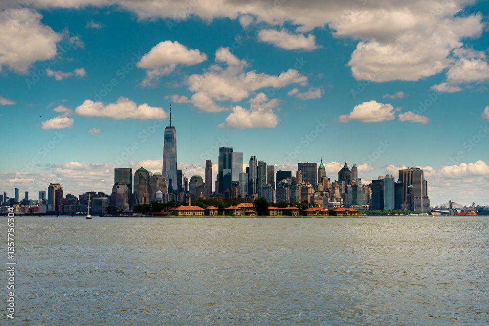 Naklejka premium The skyline of New York City, United States, USA. NYC landmarks. Panorama of New York skyline. New York skyscrapers. Beautiful view in Manhattan, Times square, WTC, Empire State Building in New York.