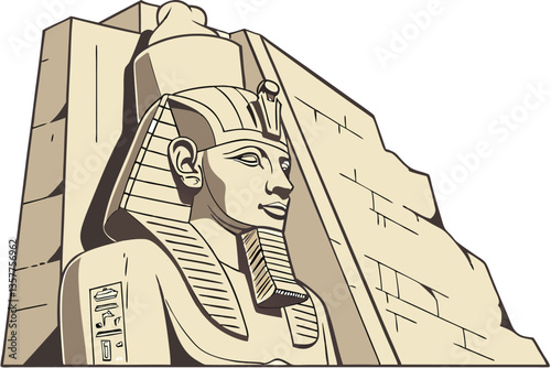 9 Ancient Egyptian pharaoh statue, limestone sculpture, Ramses II, colossal seated figure, hieroglyphics, detailed headdress, ornate crown, regal pose, weathered stone texture, beige and brown tones, 