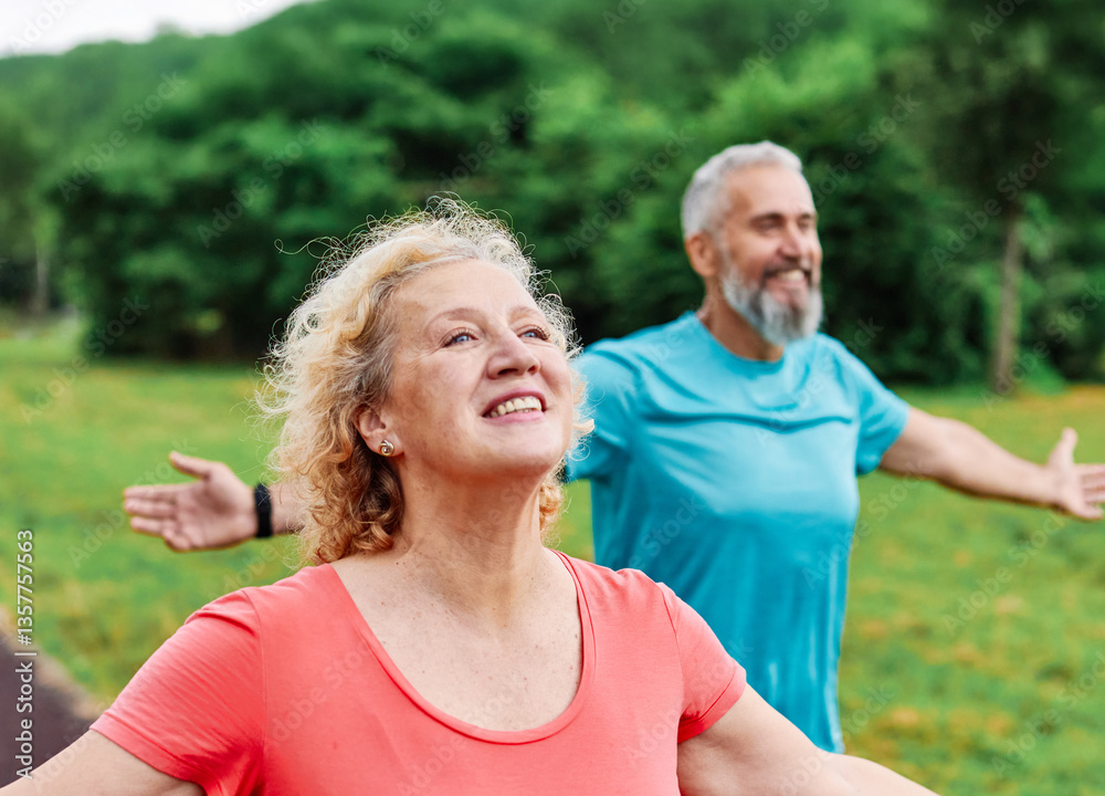 woman man mature couple fitness dreaming relaxation exercise wellbeing meditating freedom inhaling carefree happy vitality dreamlike nature spirituality