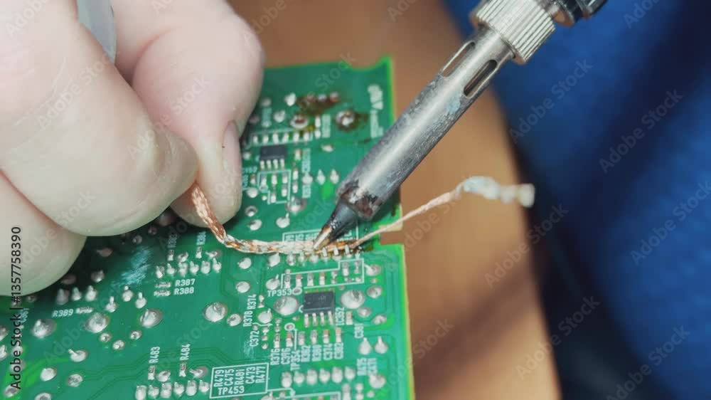 Male hand holding soldering iron and soldering circuit board close-up