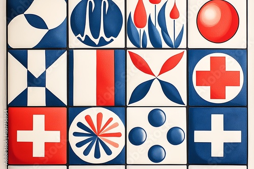 Red Blue Tile Wall Art Design.