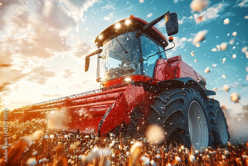 Red agricultural tractor driving through wheat field at sunset with dust clouds emphasizing mechanized farming and modern agronomic technology