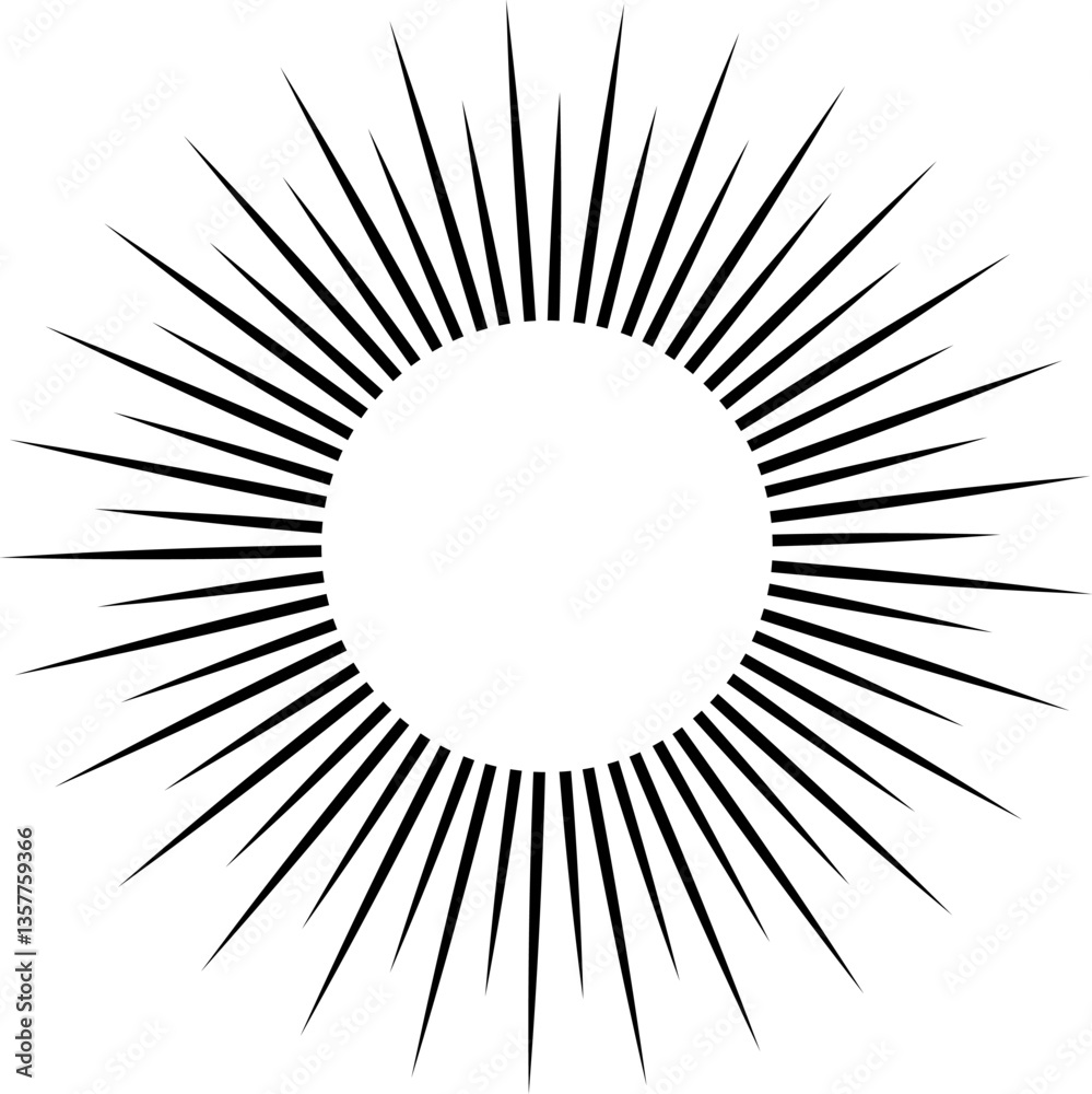 Black radiating lines surrounding a white circle against a white background create a dynamic, pointed composition, emphasizing contrast and energy in a modern, abstract design Black radiating lines surrounding a white circle against a white background create a dynamic, pointed composition, emphasizing contrast and energy in a modern, abstract design