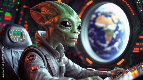 Obraz na płótnie Alien pilot navigating spaceship through the porthole of which the planet Earth is visible w salonie