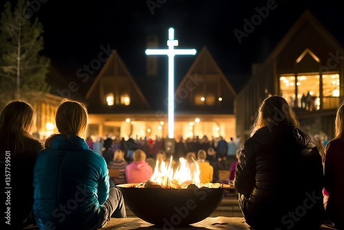 Night Gathering for Illuminated Cross, Campfire.