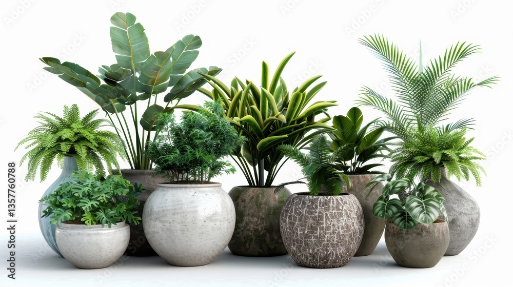 A stylish entryway with a mix of potted indoor plants in different sizes and shapes, isolated on a transparent white background A stylish entryway with a mix of potted indoor plants in different sizes and shapes, isolated on a transparent white background