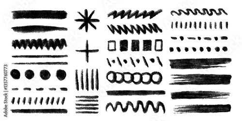 Charcoal scribbles and doodles in black line, abstract freehand brush drawings, design elements and decorative stickers, dividers, lines, curves. Shapes and borders. Vector art.