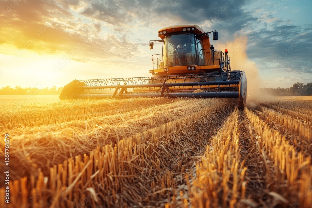 Obraz premium Large combine harvester cutting golden wheat field at sunset rural agricultural landscape with warm sunlight symbolizing traditional and modern farming fusion