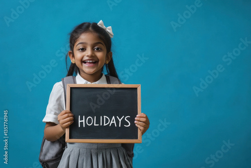 Smiling asian female child holding holidays sign on blue background