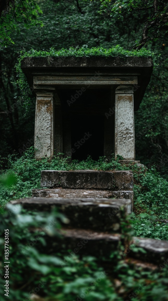 Naklejka premium Ancient stone ruins covered in vines and moss. Concept of nature silently reclaiming space. A scene of abandonment.