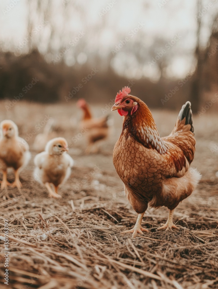 Fototapeta premium Mother hen walking with her chicks on warm straw ground in a tranquil outdoor setting during soft daylight hours Generative AI