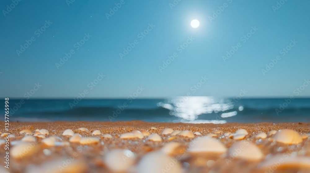 Moonlit beach with seashells and path of light extending into ocean Moonlit beach with seashells and path of light extending into ocean