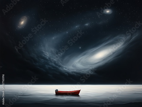Red boat with cosmic night sea.