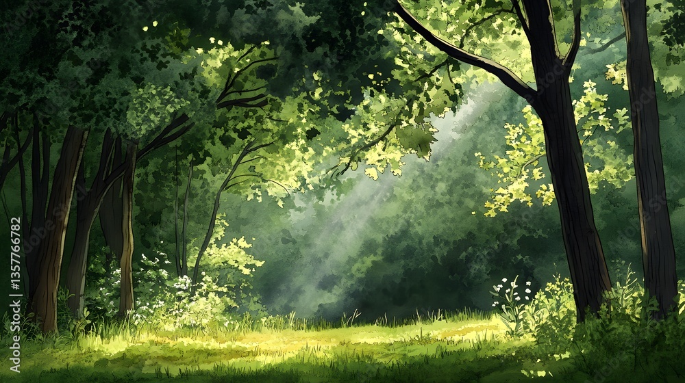 Obraz premium Serene Sunlight Dappled Forest Path Tranquil Nature Scene Watercolor Painting
