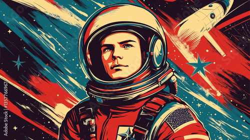 Retro-style astronaut in colorful comic space illustration