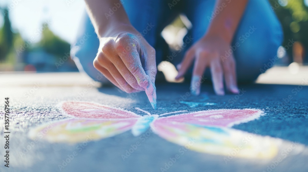 Obraz premium Chalk art creation with dust-covered hands drawing a colorful butterfly on pavement