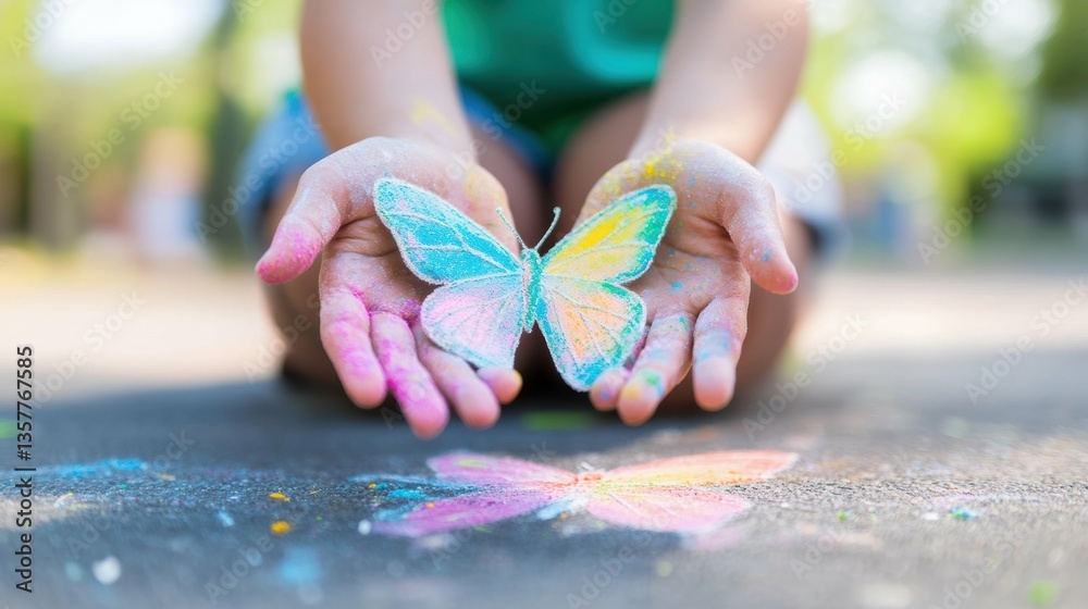 Obraz premium Chalk art creation with butterfly theme - closeup of dust-covered hands and colorful butterfly design