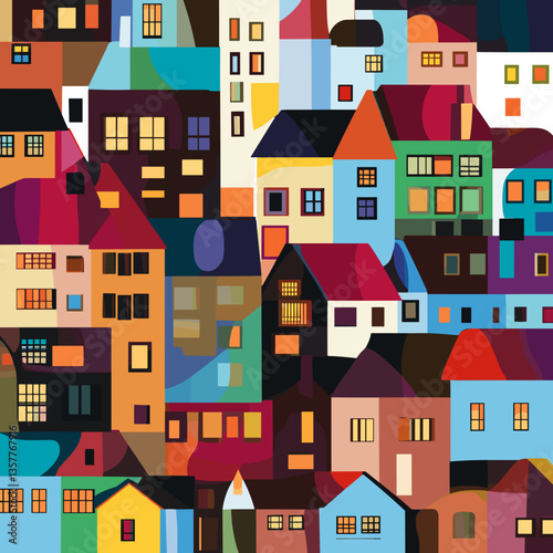 Colorful abstract houses in mosaic style representing community

