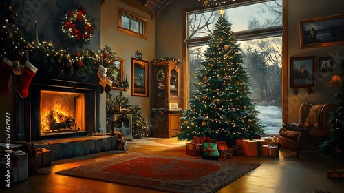 Cozy Christmas living room scene with a decorated tree fireplace and presents