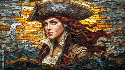 A vibrant stained glass portrait of a pirate woman, featuring intricate details and vivid colors, set against a backdrop of waves and a golden sky.
