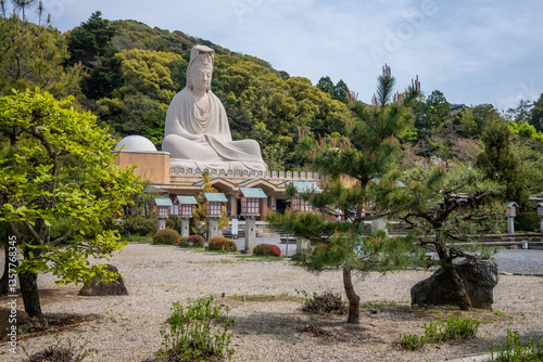 Ryozen Kannon is a war memorial dedicated to WWII soldiers in Kyoto, Japan. The massive statue of Kannon, the Buddhist deity of mercy, sits atop a temple on hillside.
