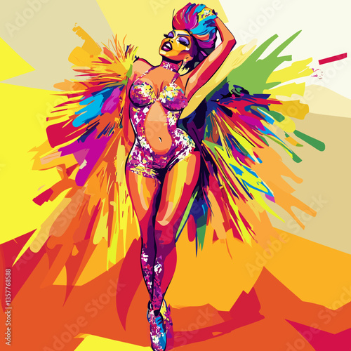 Drag queen in vibrant rainbow feather outfit
