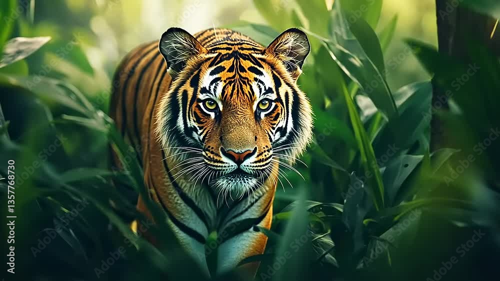 A majestic tiger peers directly toward the viewer, partially obscured by lush green foliage. A majestic tiger peers directly toward the viewer, partially obscured by lush green foliage.