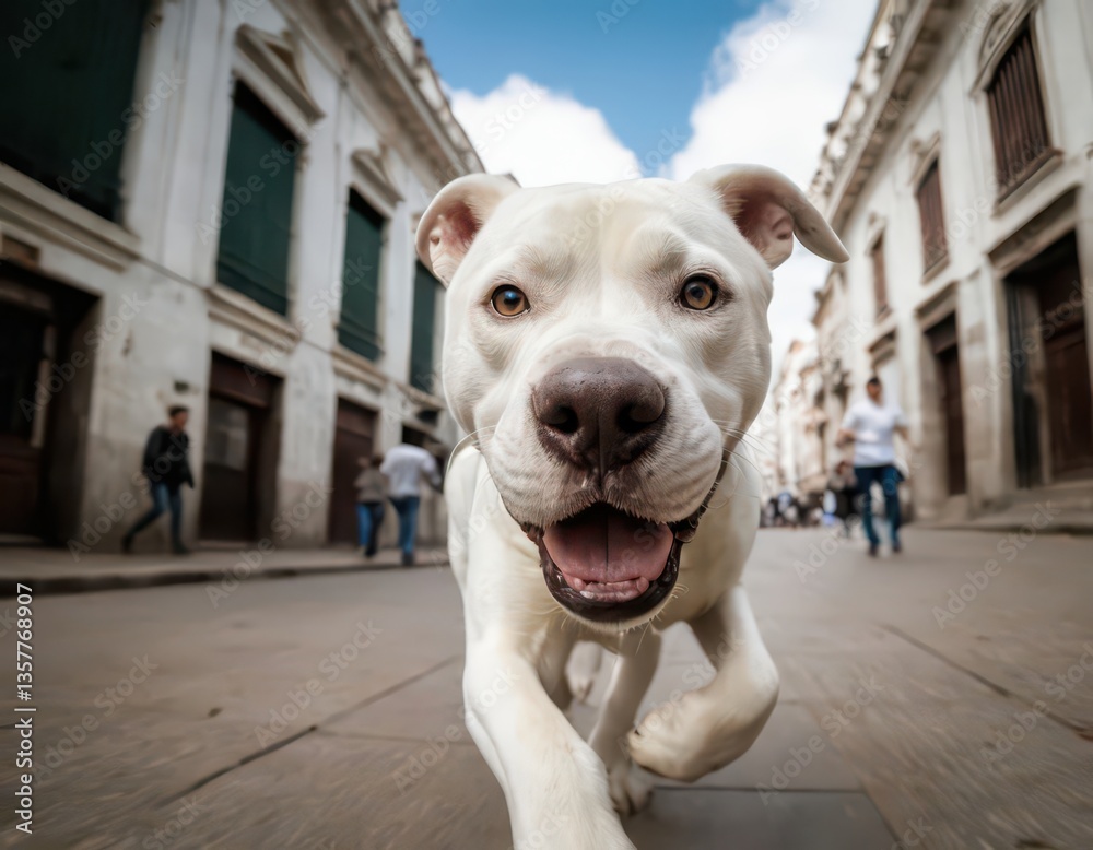 argentine dogo dog running in the streets of a city, between urban building and palaces, doggy playing outdoors in town argentine dogo dog running in the streets of a city, between urban building and palaces, doggy playing outdoors in town