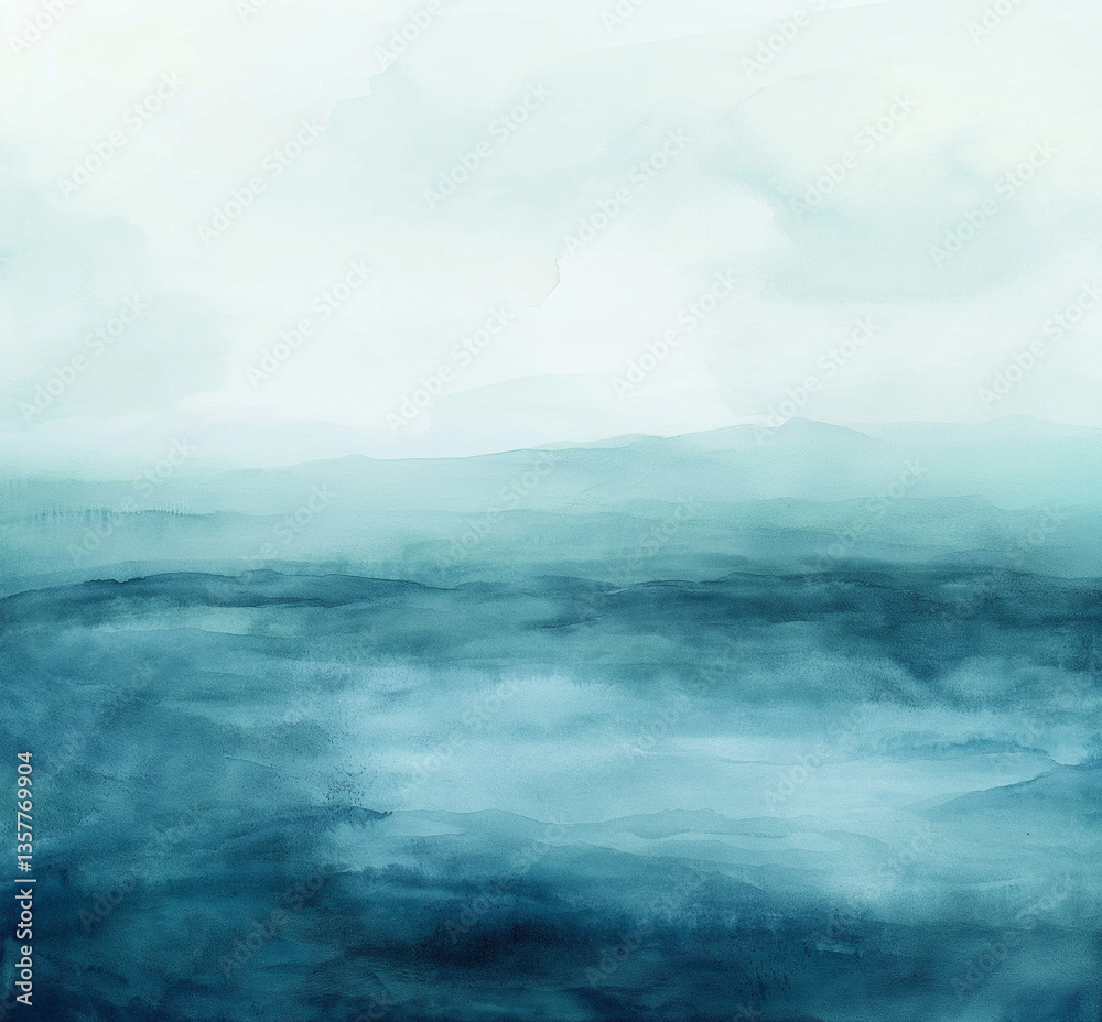 Naklejka premium Abstract watercolor ocean painting with blue and green shades, soft edges, and gentle waves