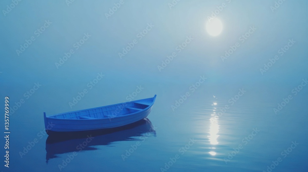 Fototapeta premium Serenity of a lone boat on a moonlit sea with silvery reflections