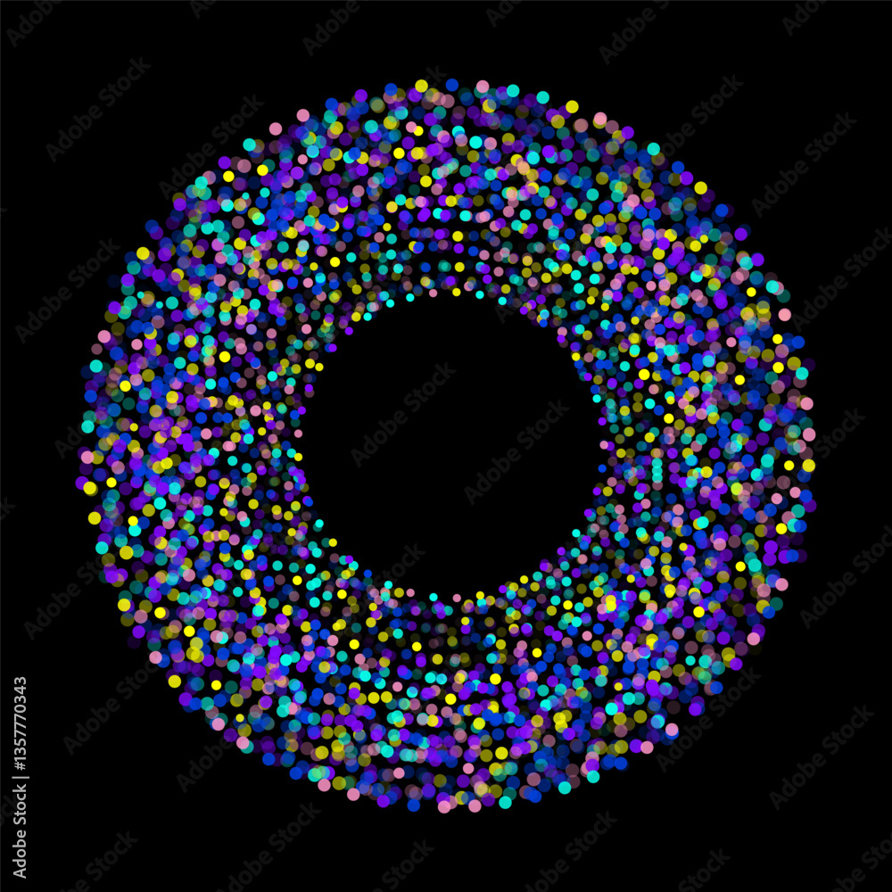 Vibrant circular pattern composed of multicolored glowing dots on dark background. The abstract composition creates a mesmerizing, dynamic effect, resembling a digital halo or confetti ring.