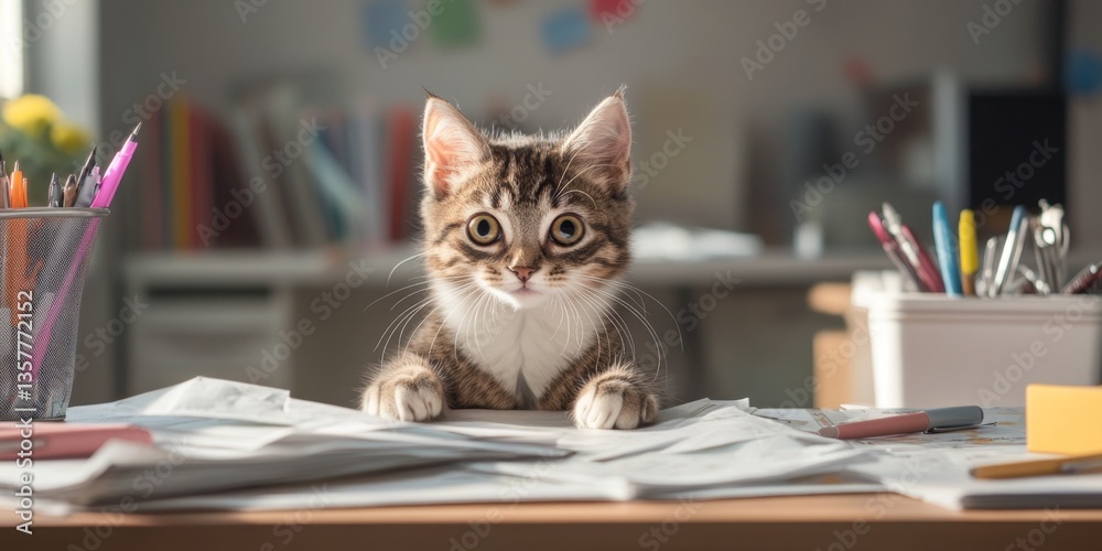 Energetic cat exploring a vibrant office desk environment Energetic cat exploring a vibrant office desk environment