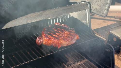 Chef Moving Delicious British Sirloin Steak Out of BBQ Flames Revealing Grilled Meat with Dripping Olive Oil Showing Juicy Tender Superior Quality 4K