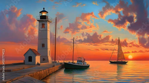 Wallpaper Mural Serene Sunset at the Lighthouse Boats Docked at Harbor Calm Waters Torontodigital.ca