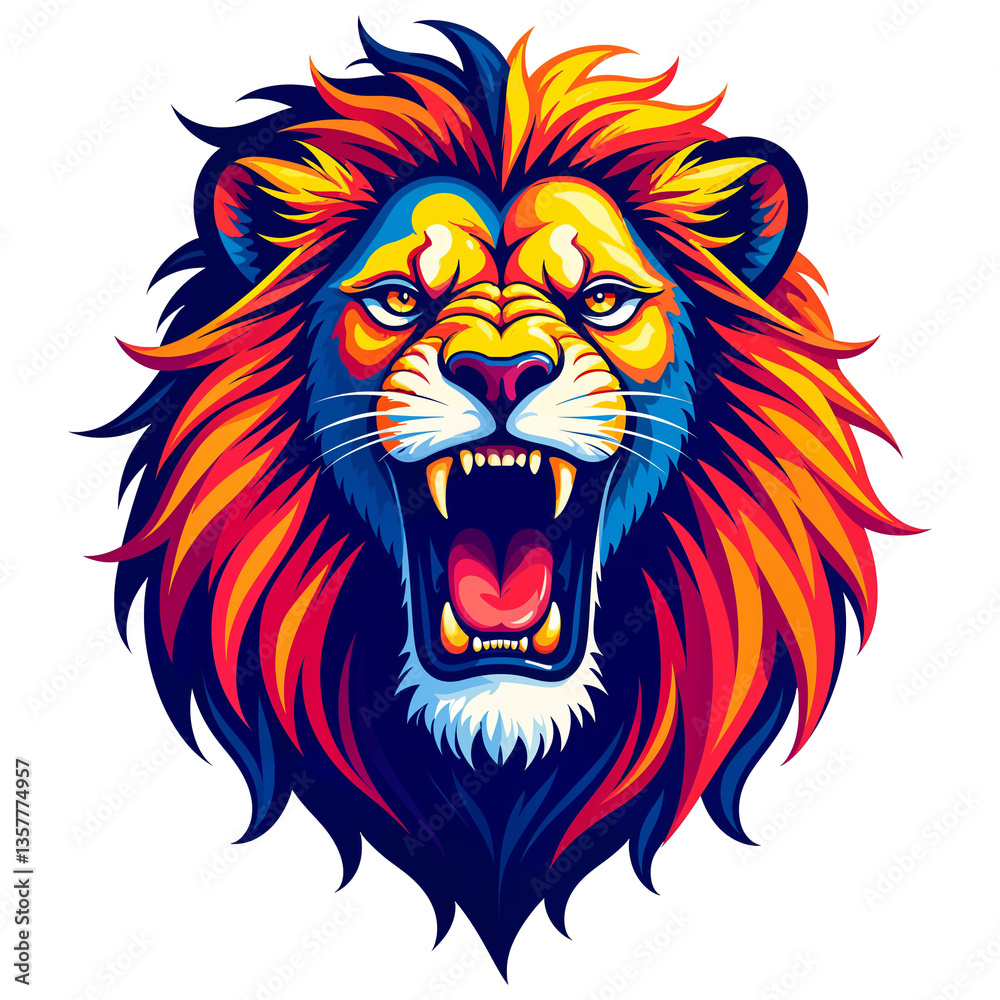 Fototapeta premium Roaring Lion with Vibrant Multicolored Mane in Red Orange Yellow and Blue Tones on White Background