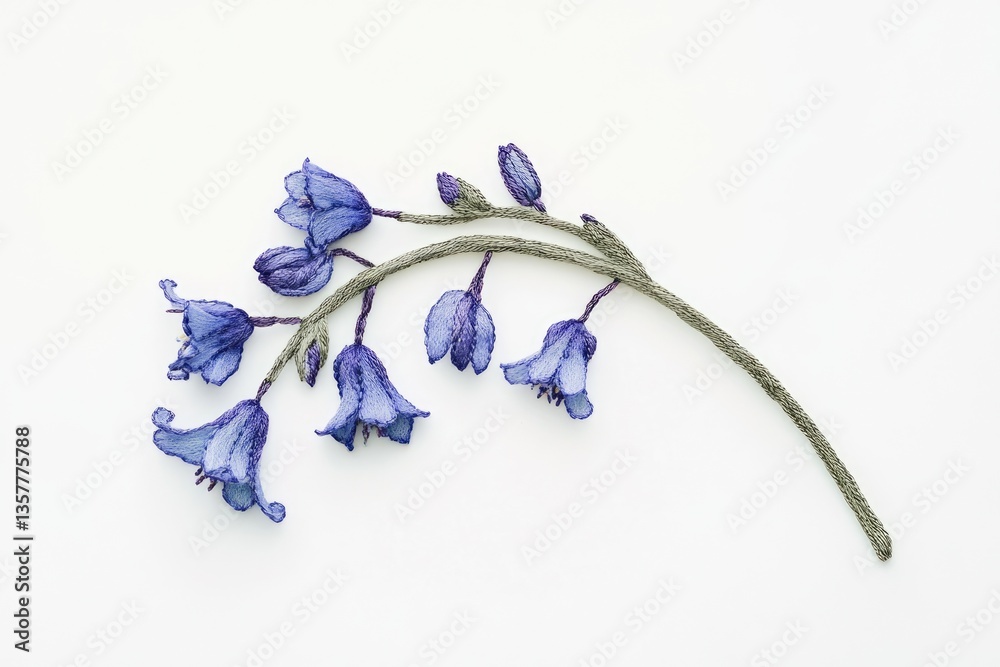 Fototapeta premium Intricate embroidery depicting a delicate sprig of bluebells, showcasing artistry and detail.