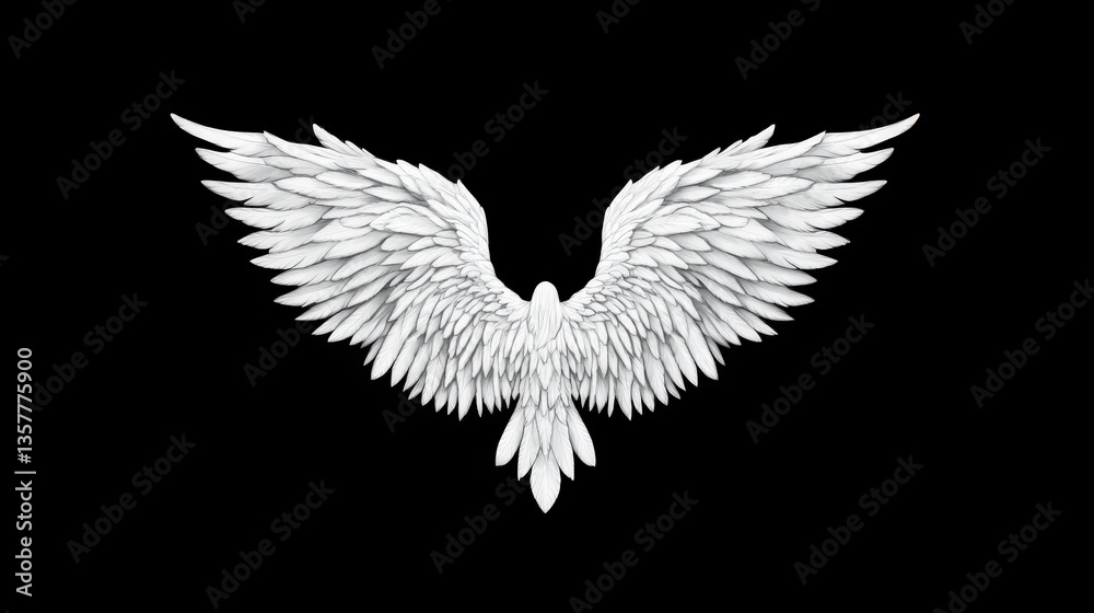 Fototapeta premium White wings spread wide against black background.