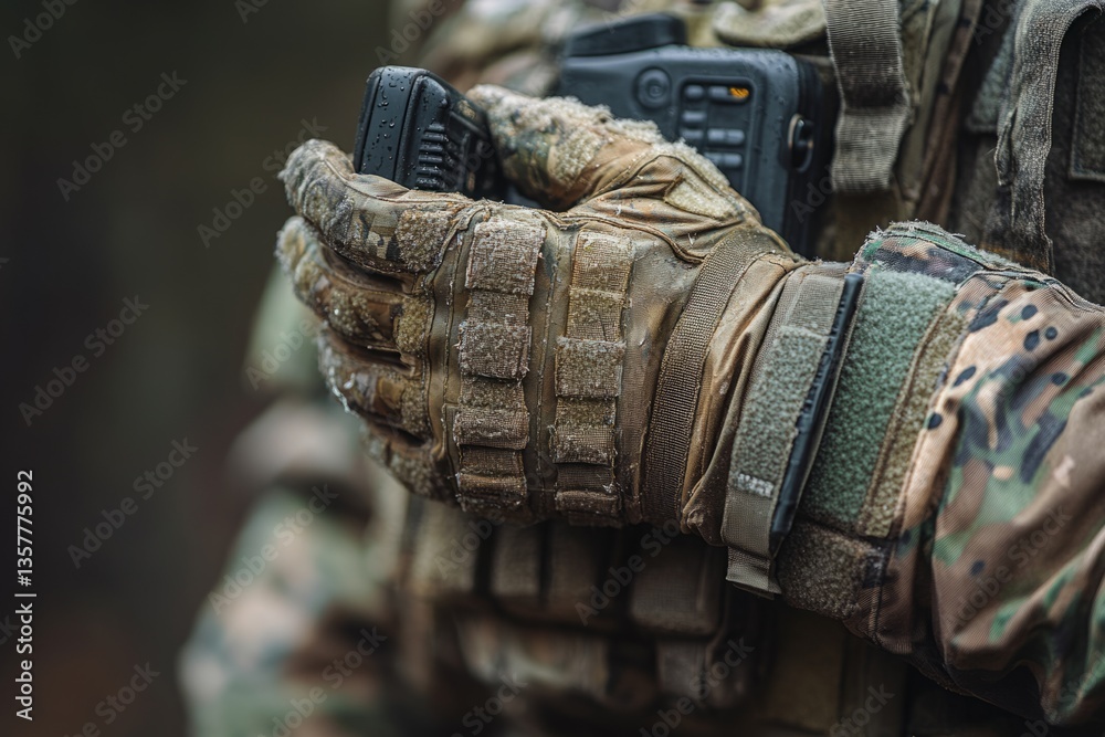 Fototapeta premium Soldier wearing camouflage uniform and tactical gloves using portable radio transceiver during a military operation in a forest
