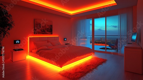 Modern Bedroom Interior Featuring City Night View and Red LED Lighting