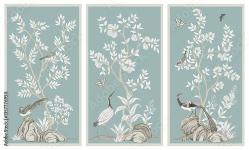 Vintage botanical garden tree, Chinese birds, crane, stone, butterfly, plant floral panels blue background. Exotic chinoiserie mural.