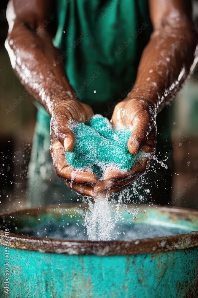 Fototapeta premium Hands Holding Colorful Laundry Detergent Granules Overwater in a Rustic Setting